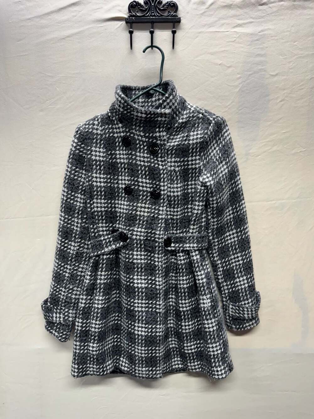 IZ Byer Women Black White Houndstooth Plaid Double Breasted Winter Pea Coat Size